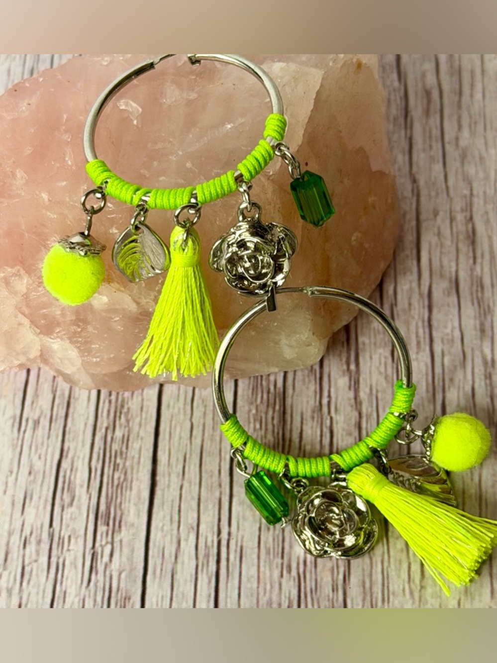 Neon Yellow Tassel Hoop Earrings with Green Crystal Charm